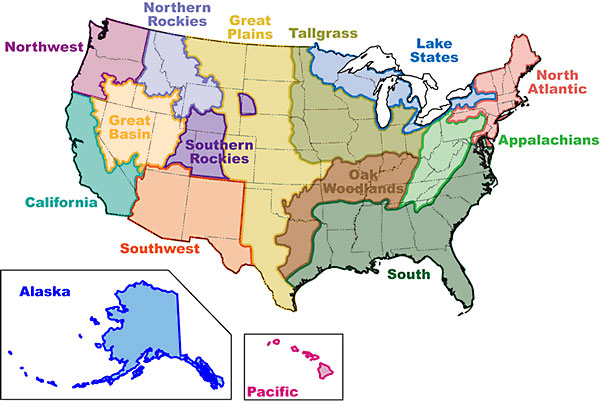 A map of the united states showing all of the named regions